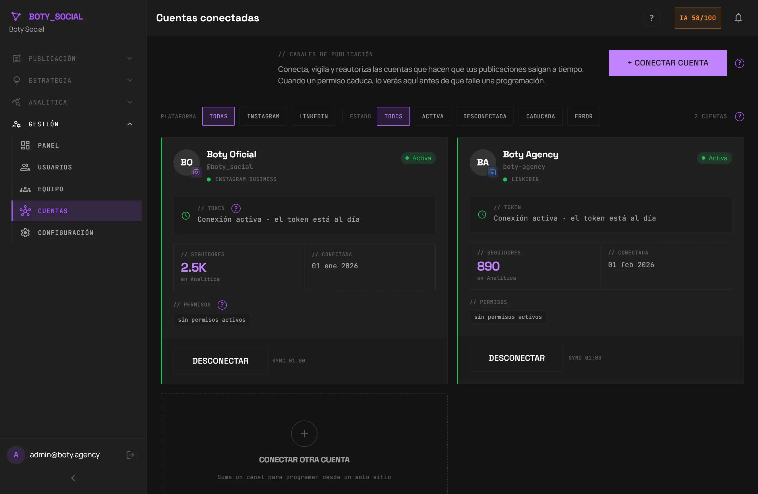Cuentas conectadas en Boty Social: una cuenta de Instagram Business y una de LinkedIn, ambas activas, con sus seguidores y el estado del token.