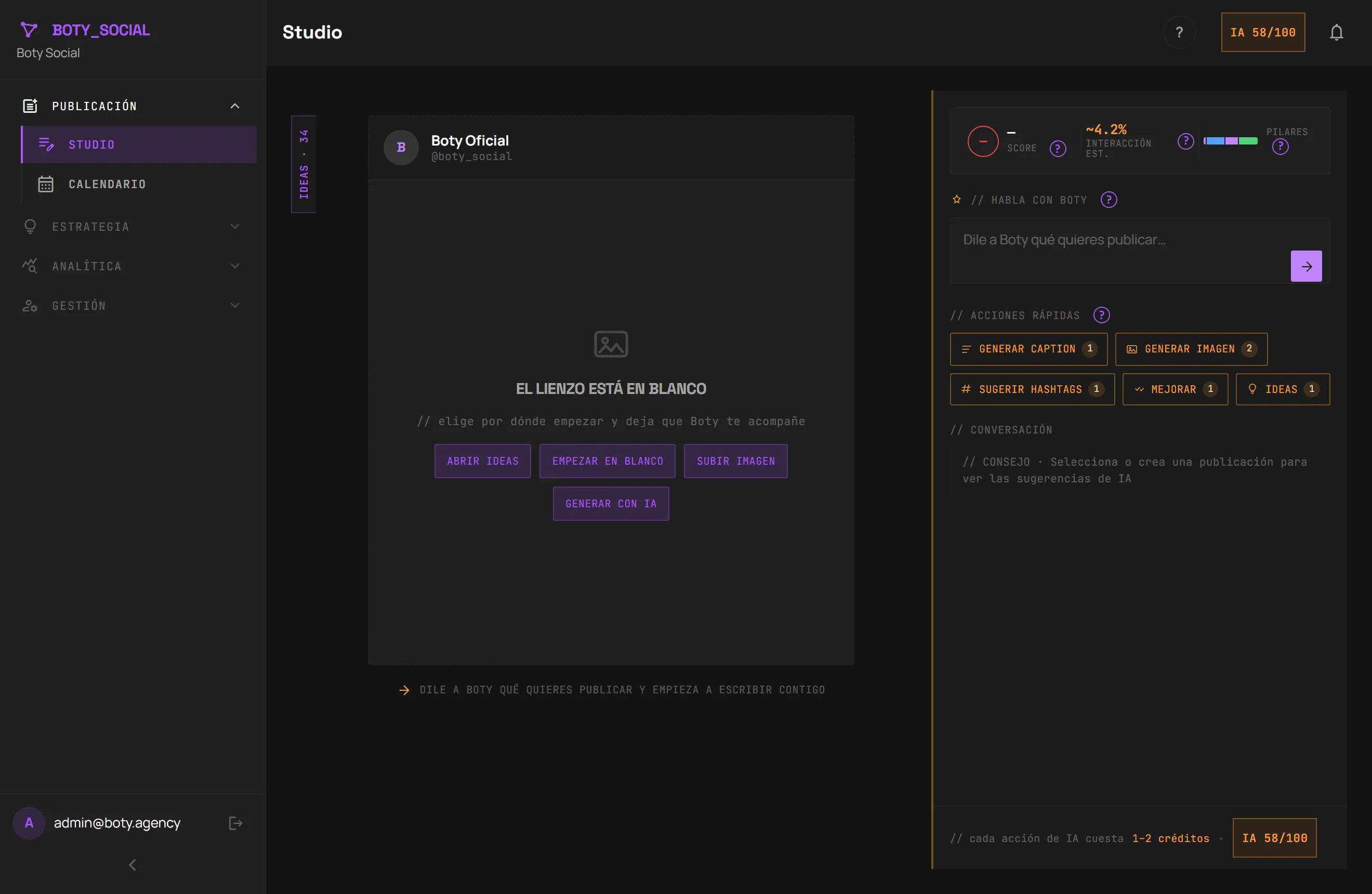 Studio de Boty Social: el lienzo de composición a la izquierda y el copiloto de IA a la derecha, con acciones rápidas (generar caption, generar imagen, sugerir hashtags, ideas) y su coste en créditos.